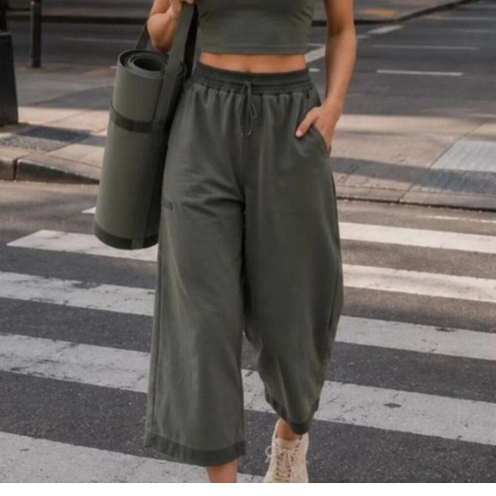 Athleta Triumph Hybrid Wide Leg Crop pants earthy green sweatpants pullon lounge